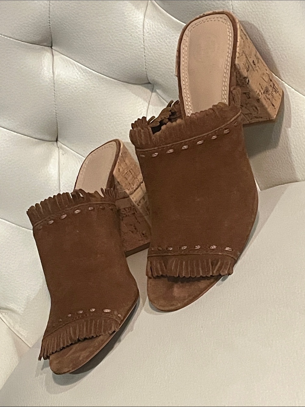 Tory Burch Brown Suede Fringe Cork Heel Mules